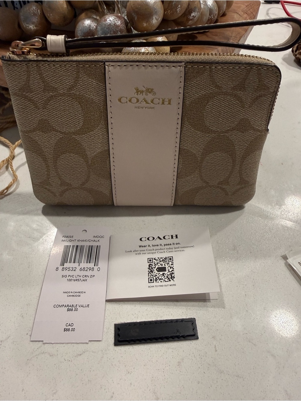Coach Khaki Signature Canvas Wristlet with Chalk Stripe